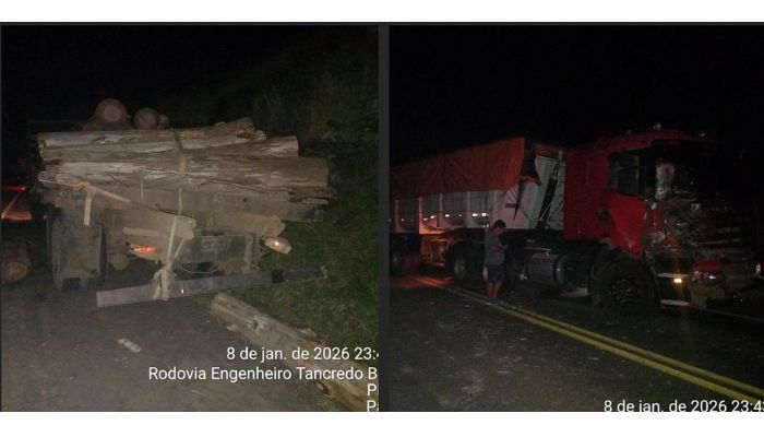 Pinhão - Colisão traseira entre caminhões deixa motorista ferido na PR-170